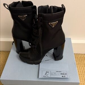Prada Black Lace-Up Lug-Heel Ankle Boots